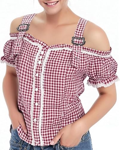Beichwtd Trachtenbluse Damen Kariert Bluse Kurzarm- Oktoberfest Outfit Trachten Oberteil mit Stehkragen & Herzknöpf, Dirndl Bluse Modern Atmungsaktiv Trachtenhemd Große Größen von Beichwtd