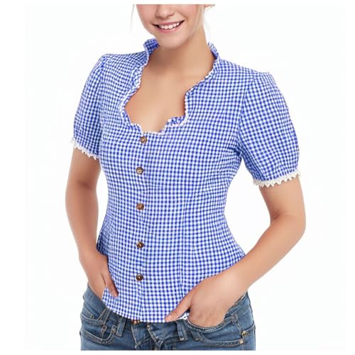 Beichwtd Trachtenbluse Damen Kariert Bluse Kurzarm- Oktoberfest Outfit Trachten Oberteil mit Stehkragen & Herzknöpf, Dirndl Bluse Modern Atmungsaktiv Trachtenhemd Große Größen von Beichwtd