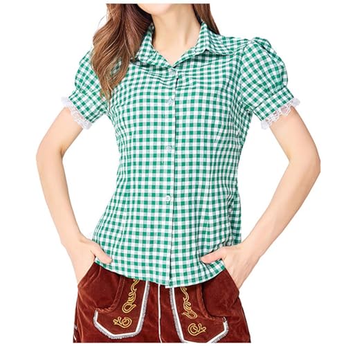 Beichwtd Trachtenbluse Damen Kariert Bluse Kurzarm- Oktoberfest Outfit Trachten Oberteil mit Stehkragen & Herzknöpf, Dirndl Bluse Modern Atmungsaktiv Trachtenhemd Große Größen von Beichwtd