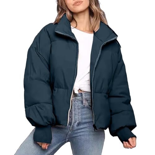 Winterjacke Damen Kurz Steppjacke Langarm Puffer Jacke Warm Outdoor Übergangsjacke Daunenjacke Blau XXL von Beichwtd