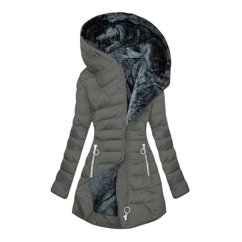 Wintermantel Damen Warm Gefüttert Steppjacke Lange Elegant Damenmantel Langarm Winter Parka Jacke mit Kapuze Winterparka Mantel Einfarbig Bequemes Sportjacke Winddicht Outdoorjacke, Grau L von Beichwtd