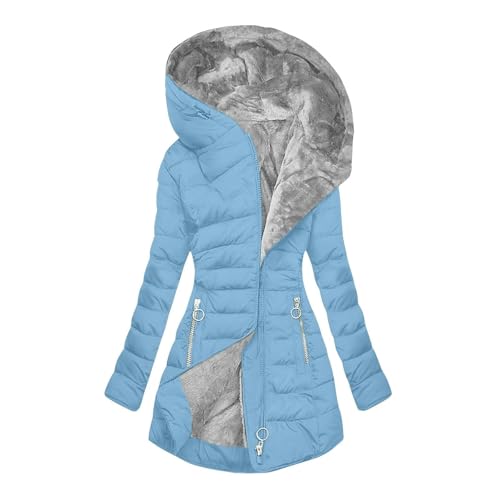 Wintermantel Damen Warm Gefüttert Steppjacke Lange Elegant Damenmantel Langarm Winter Parka Jacke mit Kapuze Winterparka Mantel Einfarbig Bequemes Sportjacke Winddicht Outdoorjacke, Hellblau XL von Beichwtd