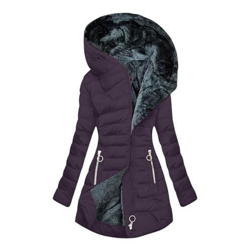 Wintermantel Damen Warm Gefüttert Steppjacke Lange Elegant Damenmantel Langarm Winter Parka Jacke mit Kapuze Winterparka Mantel Einfarbig Bequemes Sportjacke Winddicht Outdoorjacke, Lila 3XL von Beichwtd