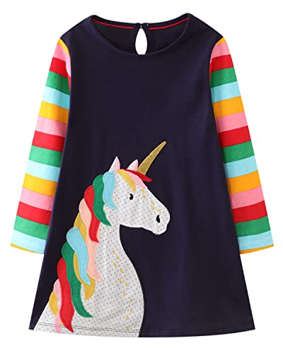 Beilei Creations Mädchen Kleider Baumwolle Karikatur Stickerei Casual Jersey Kleider Gr.85-130 (7Jahre/130cm, Regenbogen Einhorn) von Beilei Creations