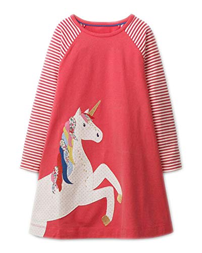 Beilei Creations Mädchen Kleider Baumwolle Karikatur Stickerei Casual Jersey Kleider Gr.85-130 (2Jahre/85cm, Rot Einhorn) von Beilei Creations