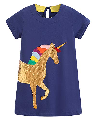 Mädchen Kleider Baumwolle Kurzarm Stickerei Casual Sommer T-Shirt Kleid Gr.85-130 (2Jahre/85cm, Pailletten Einhorn) von Beilei Creations