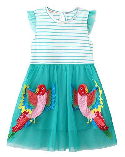 Mädchen Kleider Baumwolle Kurzarm Stickerei Casual Sommer T-Shirt Kleid Gr.85-130 (3Jahre/90cm, Schmetterling Grün) von Beilei Creations