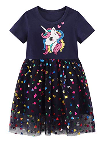 Mädchen Kleider Baumwolle Kurzarm Stickerei Casual Sommer T-Shirt Kleid Gr.85-130 (4Jahre/100cm, Marine) von Beilei Creations