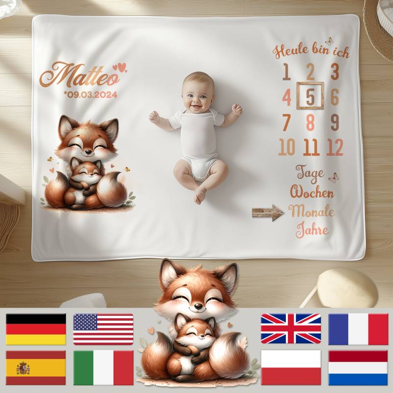 Baby Meilenstein Decke Personalisiert | Fuchs Mutter Mit Kind Meilensteindecke Namen Personalisierbare Wunschname von BeimErdbeerFrosch