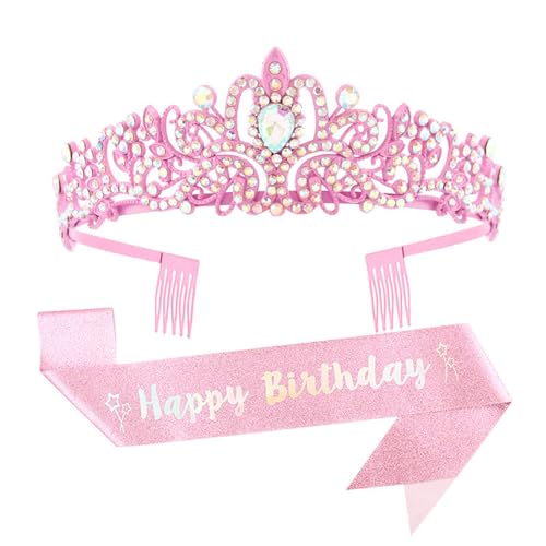 Beimus 2 Stück Geburtstag Party Kristall Strass Tiaras Stirnband und Schärpe Set Mode Haarschmuck für Frauen, 9.75x7.8in, Legierung, Strass-Stoff von Beimus