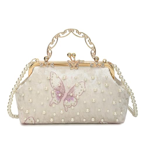 Beimus Modische Abendtasche für Damen, mit Kette, Schulterriemen, Hochzeitsparty-Accessoire, Perlen-Detail, Crossbody-Börse, Damen, Schmetterlings-Stickerei, Abendgeldbörse, weiß, One Size Beimus Modische Abendtasche für Damen, mit Kette, Schulterriemen, Hochzeitsparty-Accessoire, Perlen-Detail, Crossbody-Börse, Damen, Schmetterlings-Stickerei, Abendgeldbörse, weiß, One Size von Beimus
