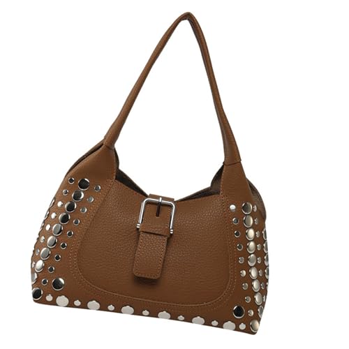 Moderne Schultertasche, Handtasche mit reichlich Stauraum und auffälligen Nieten, PU-Leder, Unterarmtaschen für den täglichen Gebrauch, lässige Tagestasche, braun, One Size Moderne Schultertasche, Handtasche mit reichlich Stauraum und auffälligen Nieten, PU-Leder, Unterarmtaschen für den täglichen Gebrauch, lässige Tagestasche, braun, One Size von Beimus