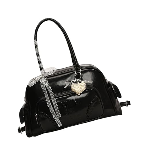Stilvolle Umhängetasche aus PU-Leder mit Spitzenverzierung, Achseltasche, Handtasche für Pendler, Einkaufen und Reisen, tägliche Tasche, Schwarz , One Size Stilvolle Umhängetasche aus PU-Leder mit Spitzenverzierung, Achseltasche, Handtasche für Pendler, Einkaufen und Reisen, tägliche Tasche, Schwarz , One Size von Beimus