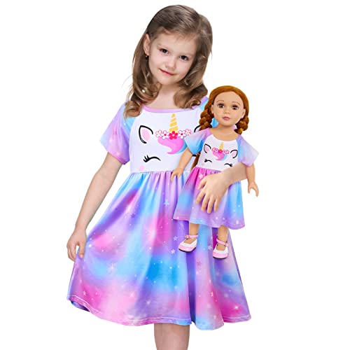 Beinou Nachthemd Mädchen Schlafanzug Kurzarm Kleider Puppe und Mädchen Passendes Nachthemden Einhorn Nachtwäsche von Beinou