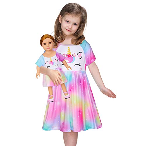 Beinou Nachthemd Mädchen Schlafanzug Kurzarm Kleider Puppe und Mädchen Passendes Nachthemden Einhorn Nachtwäsche von Beinou