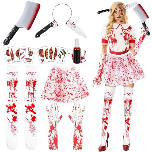 18 PCS Halloween Blut Kostüm Damen Set Tutu-Röcken Künstliches Plasma Blutbefleckten Handschuhe Strümpfe Messer-Haarband Handschuhen Tattoo-Aufklebern Horror Karnevalskostüme Damen Für Party Cosplay von Beinup