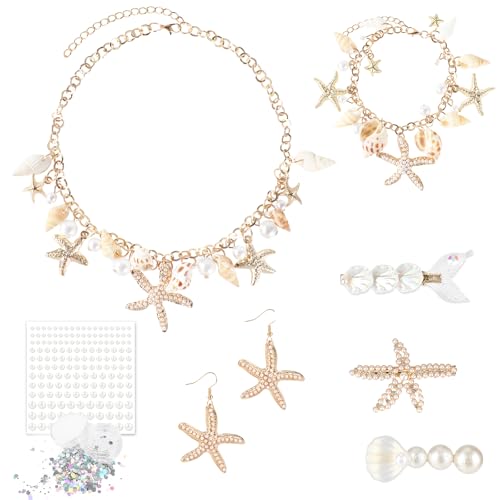 Beipegin Meerjungfrau Kostüm Damen Schmuck Set Muschelkette Armband Seestern Ohrringe Perlen Seestern Haarspange Strandschmuck Fischkostüm Strandkleider Accessoire von Beipegin
