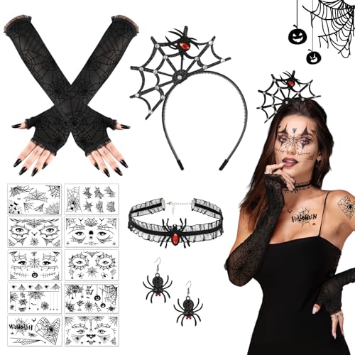 Beipegin Spinnen Kostüm Damen Accessoires,Spinnen Netz Haarreifen Halloween Spinnen Halsketten Ohrringe mit Tattoos Halloween Haarreif Halloween Accessoires von Beipegin