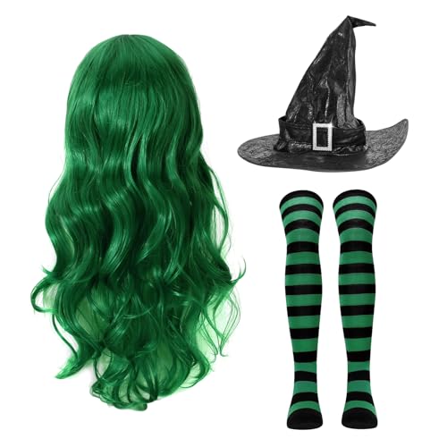Hexen Kostüm Damen Accessoires,Perücke Lila Lang Hexe Hut Strumpfhose Halloween Kostüm Halloween Perücke Damen von Beipegin
