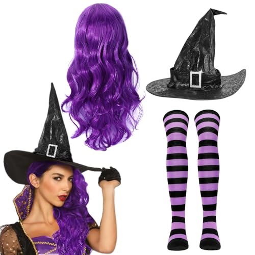 Hexen Kostüm Damen Accessoires,Perücke Lila Lang Perücke Hexe Hut Strumpfhose Halloween Kostüm Halloween Perücke Damen Hexen Faschingskostüme Cosplay von Beipegin