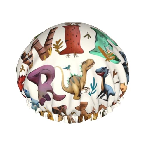 Stilvolle Duschhaube, Alphabete mit Dinosauriern, bedruckt, doppellagig, gefüttert, Duschhauben für Frauen, wiederverwendbar von Beivgoxl