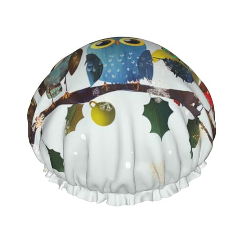 Süße Weihnachts-Eulen auf Ast, bedruckt, doppellagig, gefüttert, Duschhaube, Duschhauben für Frauen, wiederverwendbar von Beivgoxl