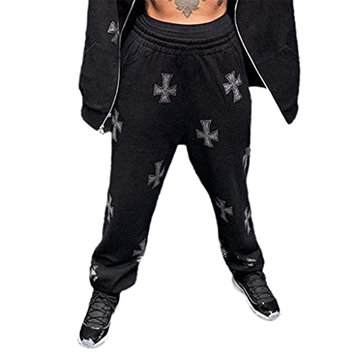 Beiyasi Damen Goth Punk Zip Up Hoodies Jacke Kreuz Strass Baggy Pants Joggers Hip H Damen Sweatshirt Schwarze Jogginghose, L von Beiyasi