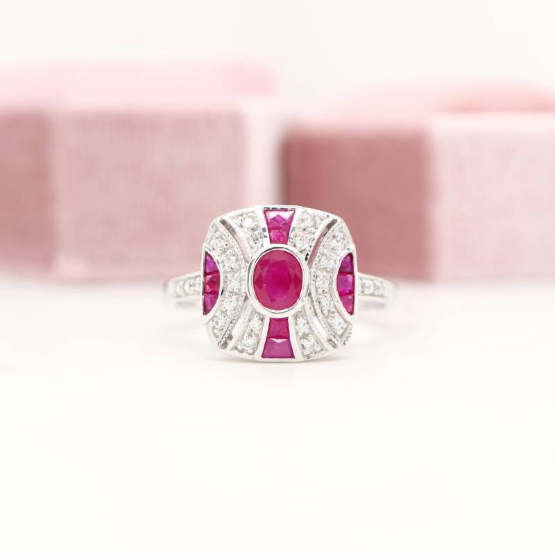 Art Deco Rubin Ring Stil Der 1920Er Jahre, Sterling Silber Oder Weißgold von BejewelledBunny