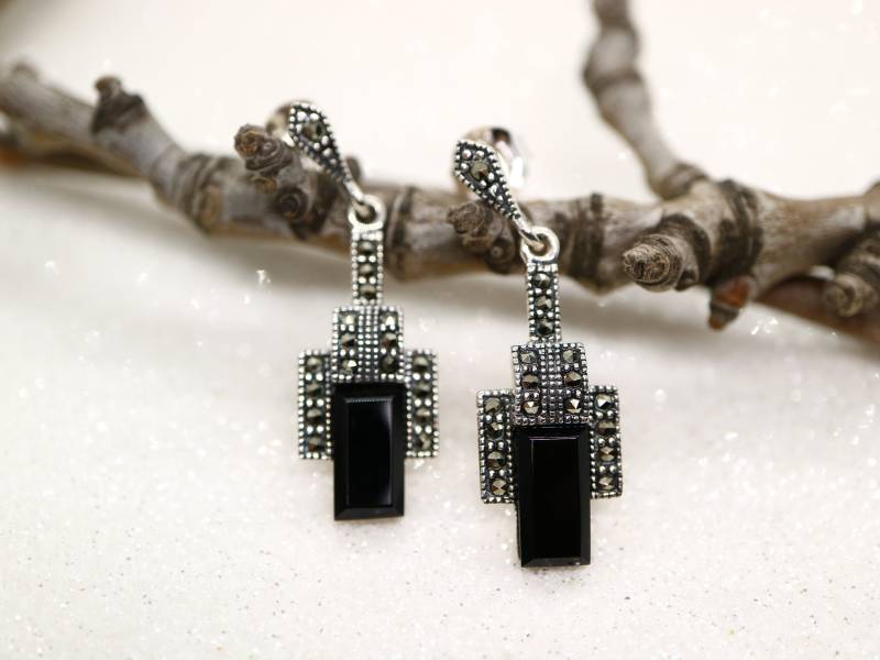 Art Deco Schwarzer Onyx Ohrringe Handgefertigte Sterling Silber Markasiten von BejewelledBunny