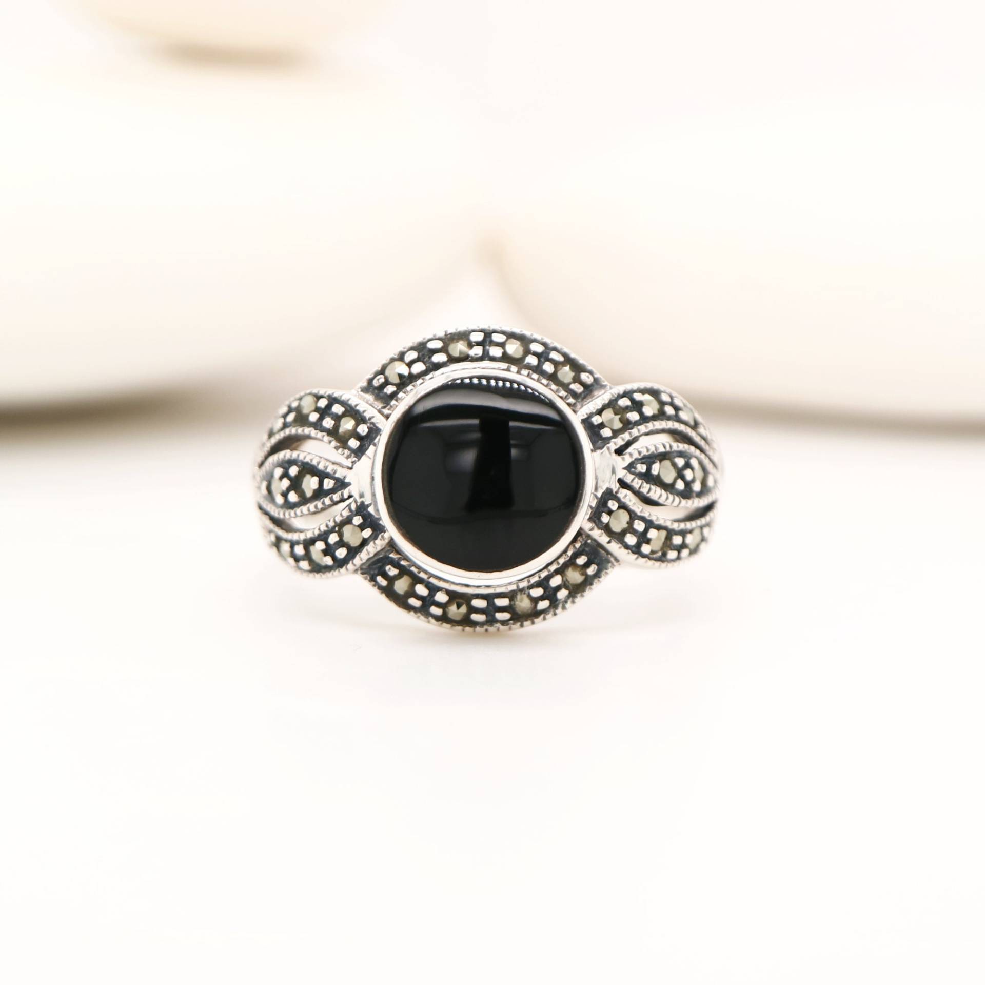 Art Deco Schwarzer Onyx Ring Markasit Sterling Silber Schmuck von BejewelledBunny