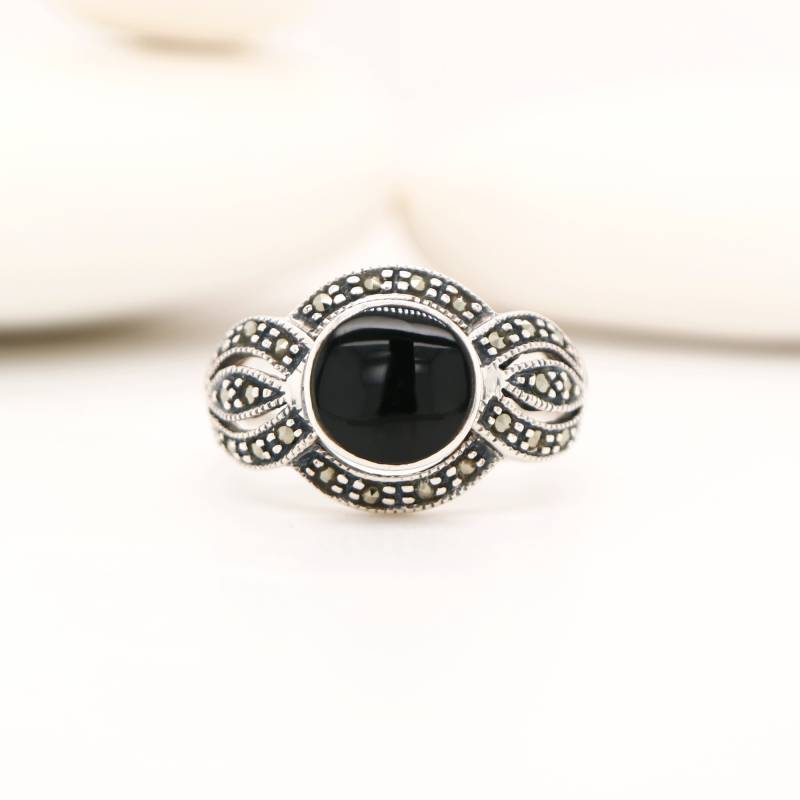 Art Deco Schwarzer Onyx Ring Markasit Sterling Silber Schmuck von BejewelledBunny