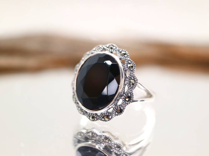 Schwarzer Onyx Markasit Sterling Silber Ring - Neo Viktorianisch von BejewelledBunny