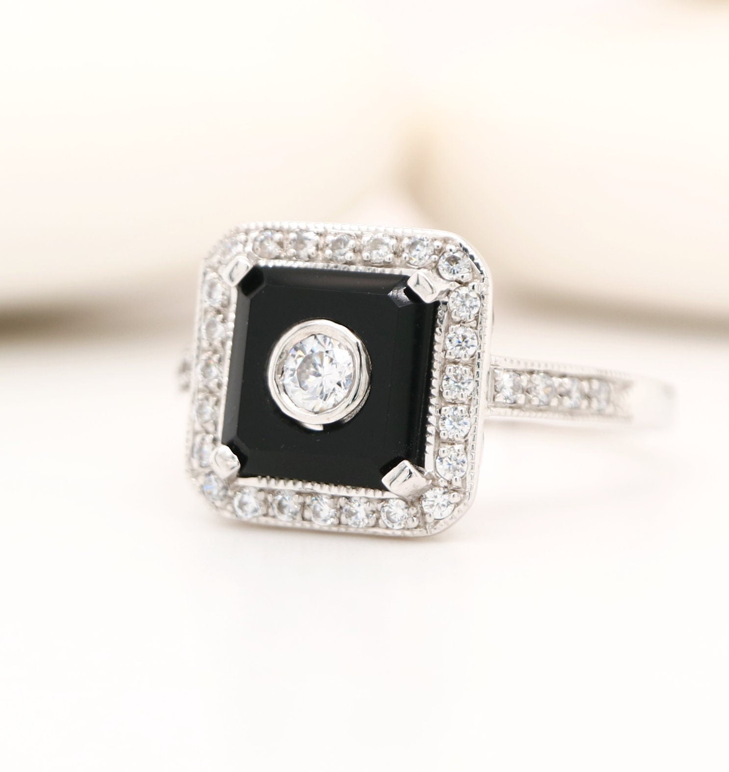 Schwarzer Onyx Sterling Silber Ring 1920Er Jahre Gatsby Design von BejewelledBunny