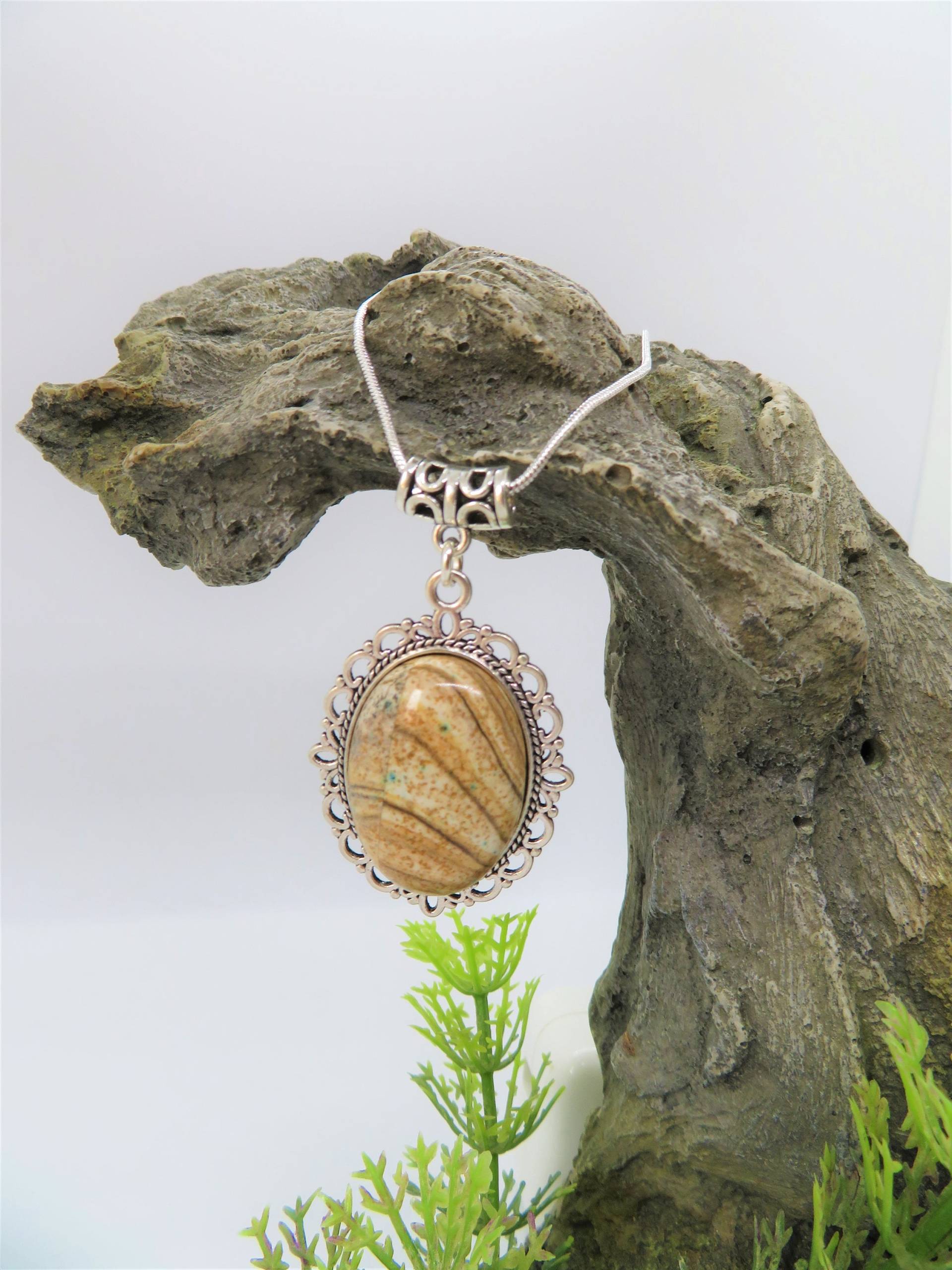 Großer Ovaler Creme & Brauner Bilder Jaspis Edelstein Anhänger 925 Sterling Silber Halskette Schmuck von BejewelledByJJ