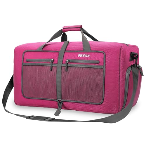 Bekahizar Leichte Faltbare Reisetasche 60L Große Travel Duffle Bag Übernachtung Taschen Verpackbar Reisegepäck Gym Sporttasche Mit Schuhfach für Herren Damen Flugzeug Camping Reisen Urlaub (rosa) von Bekahizar