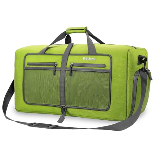 Bekahizar Leichte Faltbare Reisetasche 60L Große Travel Duffle Bag Übernachtung Taschen Verpackbar Reisegepäck Gym Sporttasche Mit Schuhfach für Herren Damen Flugzeug Camping Reisen Urlaub (olivgrün) von Bekahizar