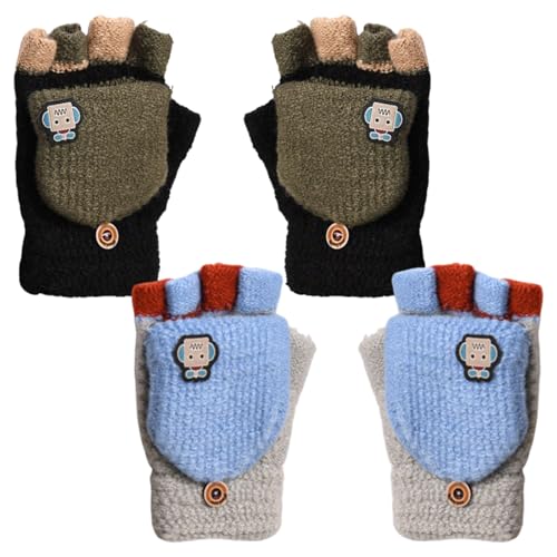 Bekecidi 2 Paar Fingerlose Handschuhe für Kinder, Gestrickt Wandelbar Flip-Top-Handschuhe, Winter Warme Fäustlinge, Halbfinger-Handschuh für Jungen und Mädchen von 5–13 Jahren (Grau, Schwarz) von Bekecidi