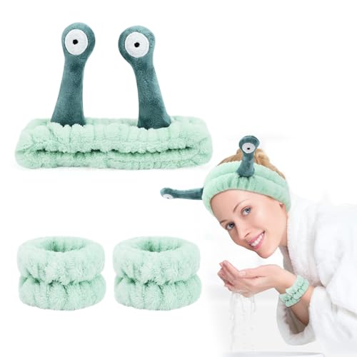 Bekecidi 3 Stück Spa Stirnband Handgelenk Waschbänder Set, Schnecke Flauschiges Makeup Haarband Armband für Gesicht Waschen Skincare Elastisch Handgelenk Kosmetik Stirnband für Frauen Mädchen (Grün) von Bekecidi
