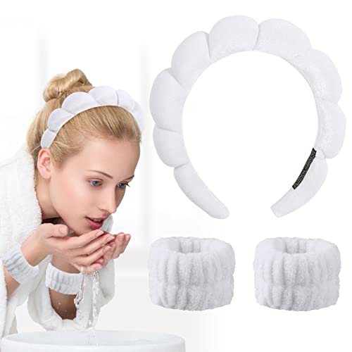 Bekecidi 3 Stück Spa Stirnband Handgelenk Waschband Set Make-up-Stirnband und Armband für Gesichtswäsche Hautpflege Mikrofaser Handgelenk Handtuchband Haarbänder Haarzubehör für Frauen Mädchen (Weiß) von Bekecidi