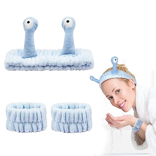 Bekecidi 3 Stück Spa Stirnband Handgelenk Waschbänder Set, Schnecke Flauschiges Make up Haarband Armband für Gesicht Waschen Skincare Elastisch Handgelenk Kosmetik Stirnband für Frauen Mädchen (Blau) von Bekecidi