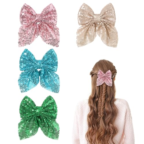 Bekecidi 4 Pack Schleifen-Haarspangen, 4,33 Zoll Glitzer-Haarschleifen Party-Haarschleifen Clips Rosa Lila Haar-Accessoires für Mädchen, Kleinkinder, Kinder, Weihnachten, Geburtstag von Bekecidi