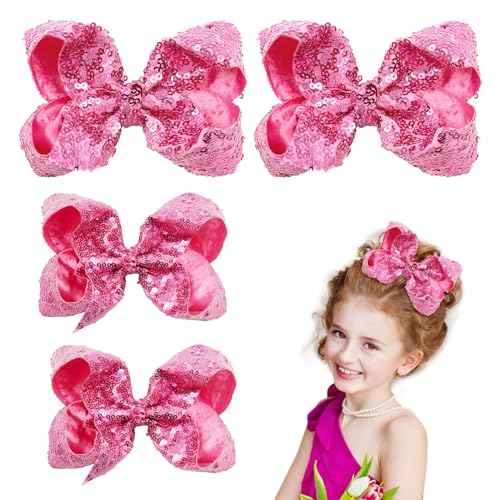 Bekecidi 4 Stück Kleinkind Haarspangen Schleifen Haarspangen Funkelnde Glitzer Pailletten, Schleifen Clips Rosa Haar Accessoires für Mädchen Kleinkinder Kinder, Weihnachten Geburtstag, 2 Größen von Bekecidi