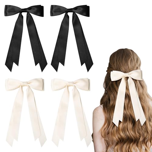 Bekecidi 4 Stück Schleifen Haarspangen mit Langem Band, Doppellagige Lange Schwanz Bowknot Haarspangen, Schleifen Quasten Haarspangen, Schleifen Haar Accessoires für Mädchen und Kinder von Bekecidi