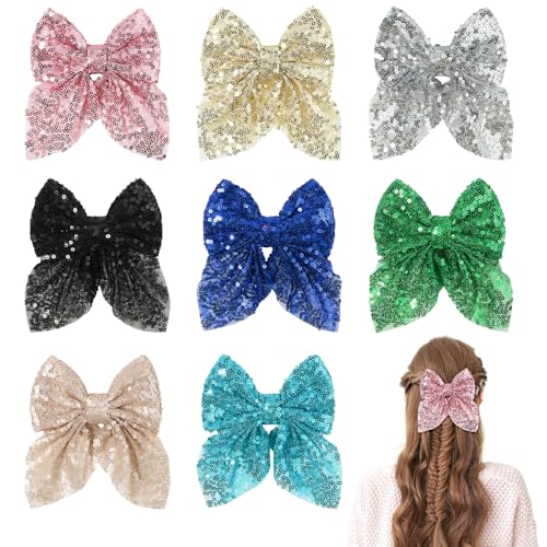 Bekecidi 8 Pack Schleifen-Haarspangen, 4,33 Zoll Glitzer-Haarschleifen Party-Haarschleifen Clips Rosa Lila Haar-Accessoires für Mädchen, Kleinkinder, Kinder, Weihnachten, Geburtstag von Bekecidi