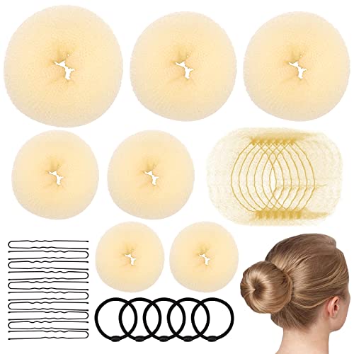 Bekecidi Frisurenhilfe Set, 7 Stück Duttkissen Donut Maker in 4 Größe mit U-Form Haarnadeln, Haarnetz und Haargummi, Haardonut Haarstyling Frisurenhilfe Set für Damen, Hochzeit, Kinder (Stile1) von Bekecidi
