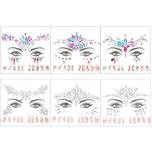 Bekecidi Glitzer Gesicht Schmuck, 6 Stück Hautfreundliche Festival Gesichts Aufkleber, Gesicht Schmuck ​​für Frauen Mädchen, Selbstklebende Temporäre Tattoos mit Strass Diamanten für Make up bei Party von Bekecidi