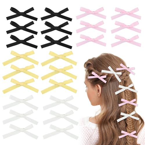 Bekecidi 24 Stück Haarspangen mit Schleife, Metall-Clips, Mini-Schleife, kleine Alligator-Haarschleife, Haarschmuck für Damen, Mädchen, Kleinkinder (Schwarz, Rosa, Weiß, Gelb) von Bekecidi