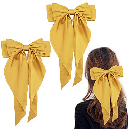 Bekecidi Haarspangen mit großer Schleife, einfarbig, französische Haarspange mit langem seidigem Satin, für Erwachsene, Teenager, Frauen, Haar-Accessoires, Gelb, 2 Stück von Bekecidi