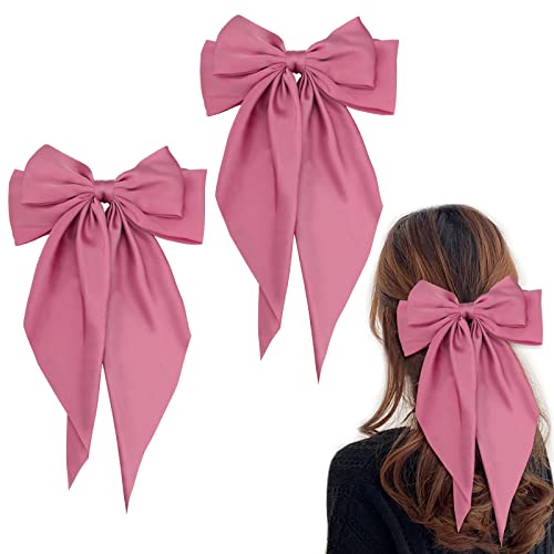 Bekecidi Haarspangen mit großer Schleife, einfarbig, französische Haarspange mit langem seidigem Satin, für Erwachsene, Teenager, Frauen, Haar-Accessoires, 2 Stück (Rosa) von Bekecidi