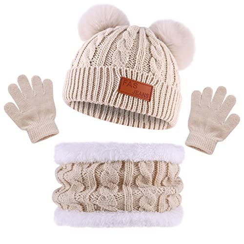 Bekecidi Kinder Mütze Schal Handschuh Set Winter Babymütze Beanie Hut Warmen Strickmütze Loop Schal Mütze und Handschuhe Kleinkind Winterschal Set Für Jungen und Mädchen 1-5 Jahre (Beige) von Bekecidi